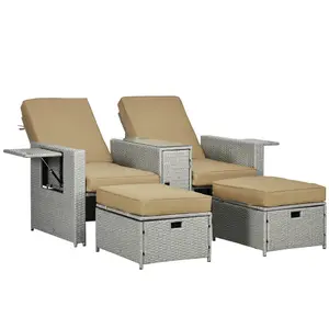 Outsunny Recliner Rattan Sun Lounger w/ Storage Tea Table & Footstools, Beige