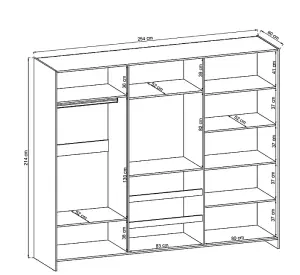 Contemporary 2 Mirrored Sliding Door Wardrobe TV Area 6 Shelves 1 Rail 3 Drawers 1 Cabinet White Matt (H)2140mm (W)2540mm (D)600mm