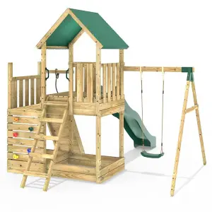 Rebo Modular Wooden Climbing Frame Adventure Playset - M3 plus Ramp & Single Swing