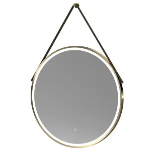 Round LED Illuminated Touch Sensor Framed Mirror with Demister & Strap, 800mm - Brushed Brass/Brown