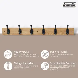 keypak 6 Matte Black Coat Hooks on Ash Effect Wooden Board - 68cm Modern Wall Mounted Coat Rack Clothes Hanger