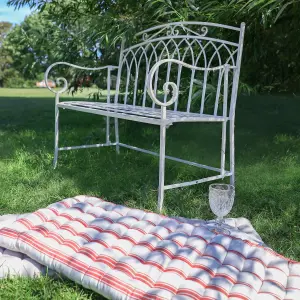 Vintage Cream Iron Arched Back Outdoor Garden Furniture Bench with Red Striped Bench Cushion