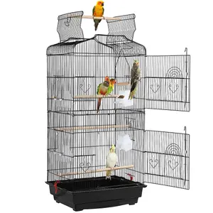 Yaheetech Black Open Top Metal Birdcage Parrot Cage with Slide-out Tray and Four Feeders