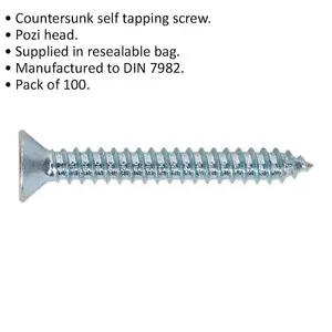 100 PACK 4.8 x 38mm Self Tapping Countersunk Screw - Pozi Head - Fixings Screw