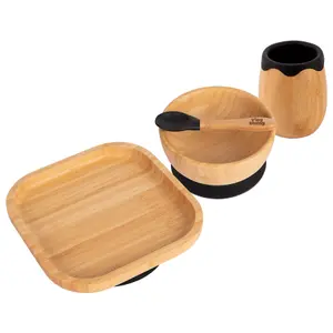 Tiny Dining - Square Bamboo Suction Baby Feeding Set - Black - 4pc