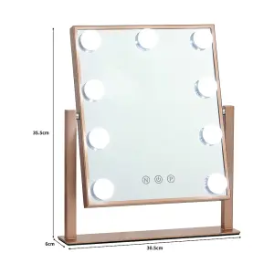 Rose Gold 360 degree Rotation Tabletop Hollywood Vanity Makeup Mirror with 9 LED Bulbs Dimmable Touch Control