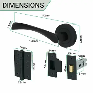 EAI - Black Door Handles Swept Lever on Rose Latch Kit / Pack - 78mm Latch - 76mm Hinges - Matt Black