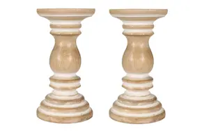 SET OF 2 Rustic Antique Carved Wooden Pillar Church Candle Holder, Beige,Medium 19cm