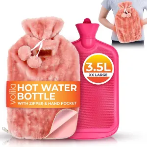 3.5L XXL Pink Hot Water Bottle with Zipper & Hand Pocket Washable Bag for Pain Relief, Warmer & Cold Compress Therapy