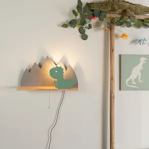 ValueLights Kids Green and Grey Dinosaur Design Plug in Wall Light with Shelf and Pull Cord Switch - Including Bulb