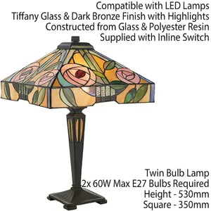 Tiffany Glass Table Lamp Light Dark Bronze & Multi Colour Rose Shade i00234