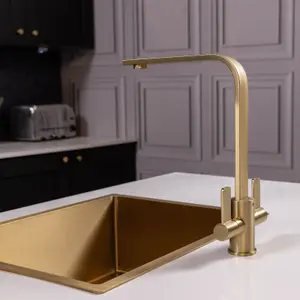 Flode Paddla Dual Lever Kitchen Tap Swan Neck Design Brushed Brass