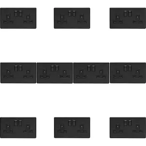 10 PACK 2 Gang Double DP 13A Switched UK Plug Socket SCREWLESS MATT BLACK Wall Power