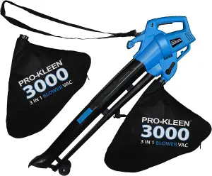 Pro-Kleen Garden Leaf Blower And Vacuum - 3000W - Shreds & Mulches 10-1 Ratio With Rake, 6 Speeds, 10m Power Cable, 2 x 35L Bags