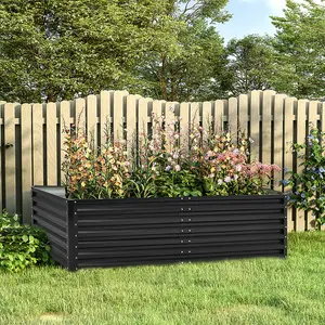 Rectangular Metal Raised Garden Bed Flower Vegetable Plant Seeds Bed Charcoal Black