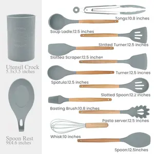 Silicone Kitchen Utensils Set,13 Pcs Wooden Handles Spatula Set,Cooking Utensils For Non Stick Pans,Silicone Spatulas For Cooking Kitchen Gadgets Tools (Grey)