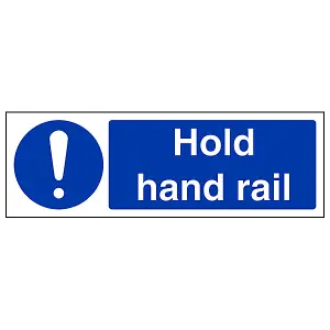 Hold Hand Rail Building Safety Sign - Adhesive Vinyl - 300x100mm (x3)