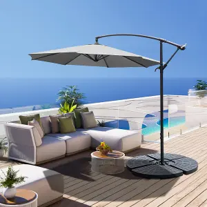 3M Large Rotatable Garden Sun Shade Cantilever Parasol Patio Hanging Banana Umbrella Crank Tilt with Fillable Base, Light Grey