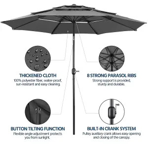 Yaheetech Grey 3.2m 3 Tier Tiltable Patio Parasol Vented Table Umbrella with Crank