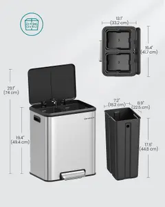 SONGMICS Kitchen Waste Container, Double Bin for Rubbish and Recycling, Inner Buckets, Soft-Close Lid, Metallic Silver