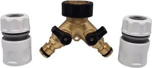 Premium Dual Tap Brass Connector Set with 2 premium Hose end Connectors-Hozelock Compatible Durable 2 Way Brass Connector Splitter