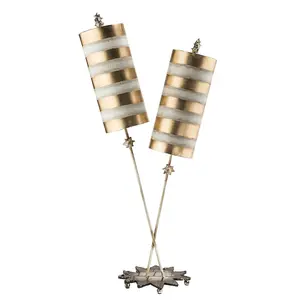 2 Bulb Table Lamp Gold Leaf & Taupe Striped Shades Star Leaf Base LED E27 60W