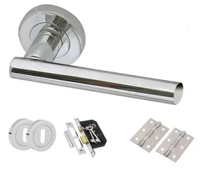 Polsished Chrome T-Bar Door Handle on Rose Bathroom Toilet Loo Set or Key Lock Set and Hinges (Key Lock Set)