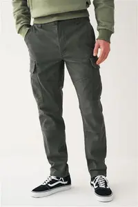 Mens Next Grey Charcoal Slim Fit Cotton Stretch Cargo Trousers - Grey Charcoal