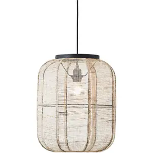 Hanging Ceiling Pendant Light - Medium Natural Linen Dark Plywood & Matt Black - 10W LED E27