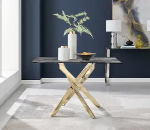 Furniturebox UK Leonardo Grey Glass Marble Effect Gold Leg Table & 4 Blue Pesaro Gold Leg Chairs