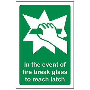 Event Of Fire Break Glass To Reach Latch Sign - Adhesive Vinyl - 100x150mm (x3)