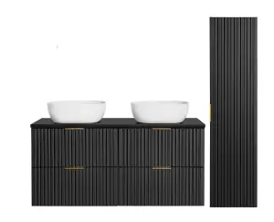 Black Bathroom Cabinets Furniture Set Wall Hung 1200mm Countertop Sink Basin and Tall Tallboy Unit Ribbed Adel