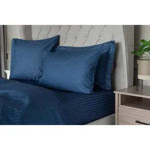 Plain Dye 540 TC Egyptian-Quality Cotton Satin Striped Duvet Cover Set with Pillowcases Navy / Super King Duvet Cover + 2 Standard Pillowcases