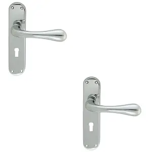 2 PACK - Rounded Flaired Latch & Lock Door Handle - Polished Chrome Lever on Backplate