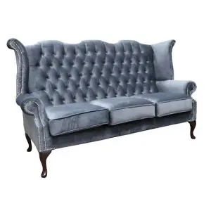 Chesterfield 3 Seater High Back Sofa Amalfi Steel Grey Velvet Fabric In Queen Anne Style