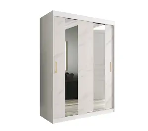 Modern White Geneva Sliding Door Wardrobe W1500mm H2000mm D620mm - Mirrored Doors, Gold Handles, Efficient Storage