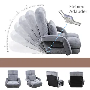 Folding Floor Chair, Adjustable 14 Angles Lazy Sofa Bed Recliner with Armrests and Pillow FULLY ASSEMBLY (Gray)