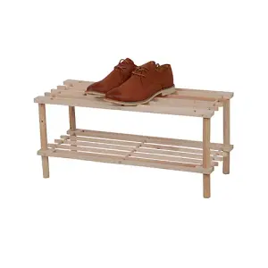 2 Tier Natural Wooden Shoe Rack Footwear Storage Organiser Slated Shelf Trainers