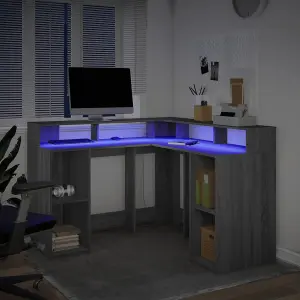 Berkfield Desk with LED Lights Grey Sonoma 130x130x91 cm Engineered Wood