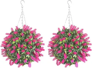 Pair of Best Artificial  28cm Pink Lush Lavender Hanging Basket Flower Topiary Ball - Weather & Fade Resistant