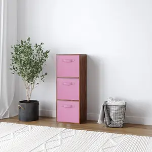 URBNLIVING 80cm Height 3 Cube Teak Wooden Shelves Cubes Cupboard Storage Units With Light Pink Drawer Insert