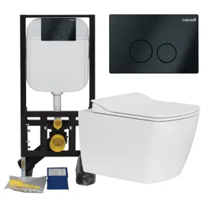 Rimless Square Wall Hung Toilet Pan & Concealed Cistern Matt Black Round Button Flush Plate