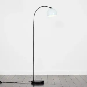 ValueLights Designer Style Black Stem Floor Lamp With Pale Blue Arco Style Metal Dome Light Shade With LED GLS Bulb in Warm White