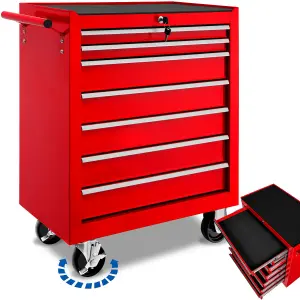 Tool Box - with wheels, 7 drawers, central locking system - red