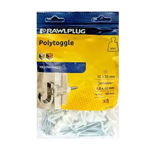 5 x Rawl Poly Toggles & Screws Hallow Wall Fixings for Plasterboard Stud Walls, White