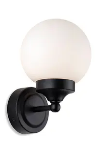 Luminosa Louis Bathroom Globe Wall Light Black with Opal White Glass IP44