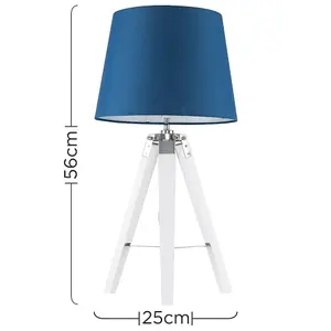 ValueLights Clipper Modern White Wood and Silver Chrome Tripod Table Lamp with Navy Blue Shade