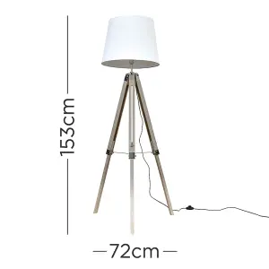 ValueLights Clipper Distressed Wood and Silver Chrome Tripod Floor Lamp with White Tapered Light Shade with 6w LED GLS Bulb