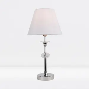 First Choice Lighting Chrome Plated Stacked Bedside Table Light Faceted Acrylic Detail White Fabric Shade