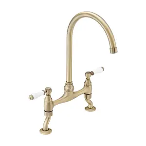 ENKI, Astbury, KT104, Deck Mounted Antique Brass, Kitchen Sink Mixer Tap, Featuring a Swivel Swan Neck Spout and Quarter Turn Cer